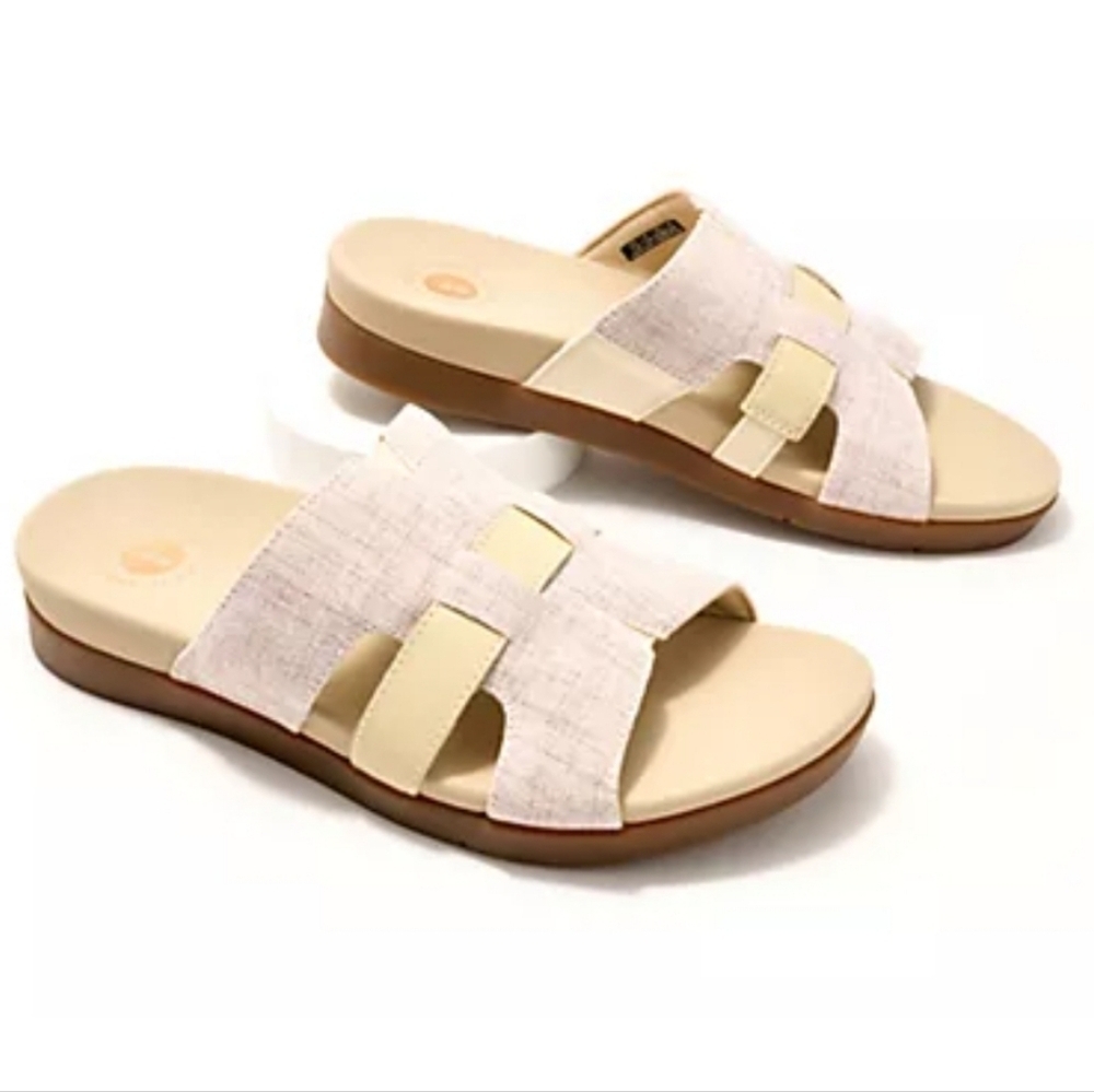 Revitalign Beige Orthotic Linen & Leather Slide Women's Sandals Lisbon Size 8